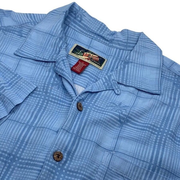 La Cabana Men's SS Button Down Rayon Hawaiian Shirt 2 Tone Blue Plaid L - Picture 1 of 6